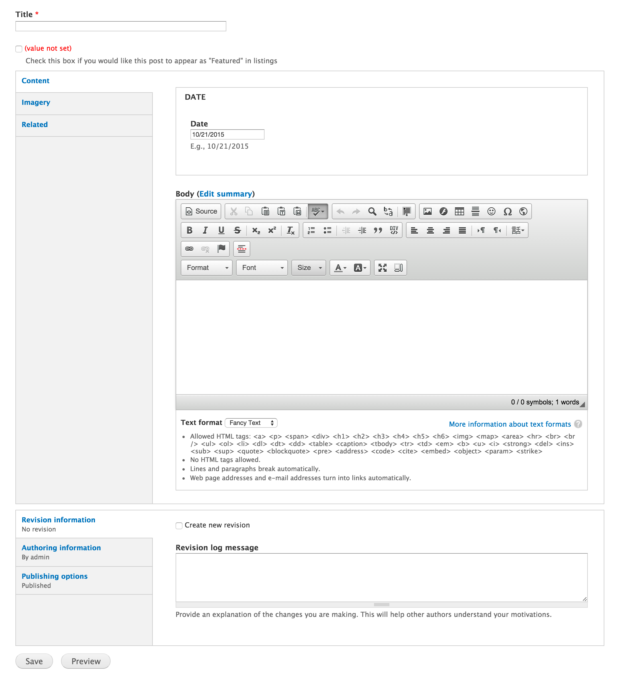 Screenshot of Drupal 7 node edit page after being organized with field group