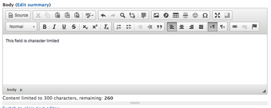 Screenshot of Drupal 7 maxlength on WYSIWYG interface
